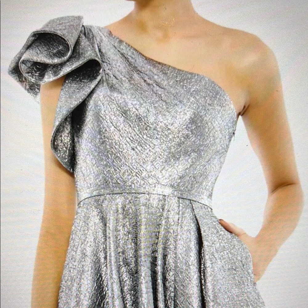 NWT Elegant Silver One-Shoulder Bow Midi Dress 67906 Sz 16 - Picture 3 of 15